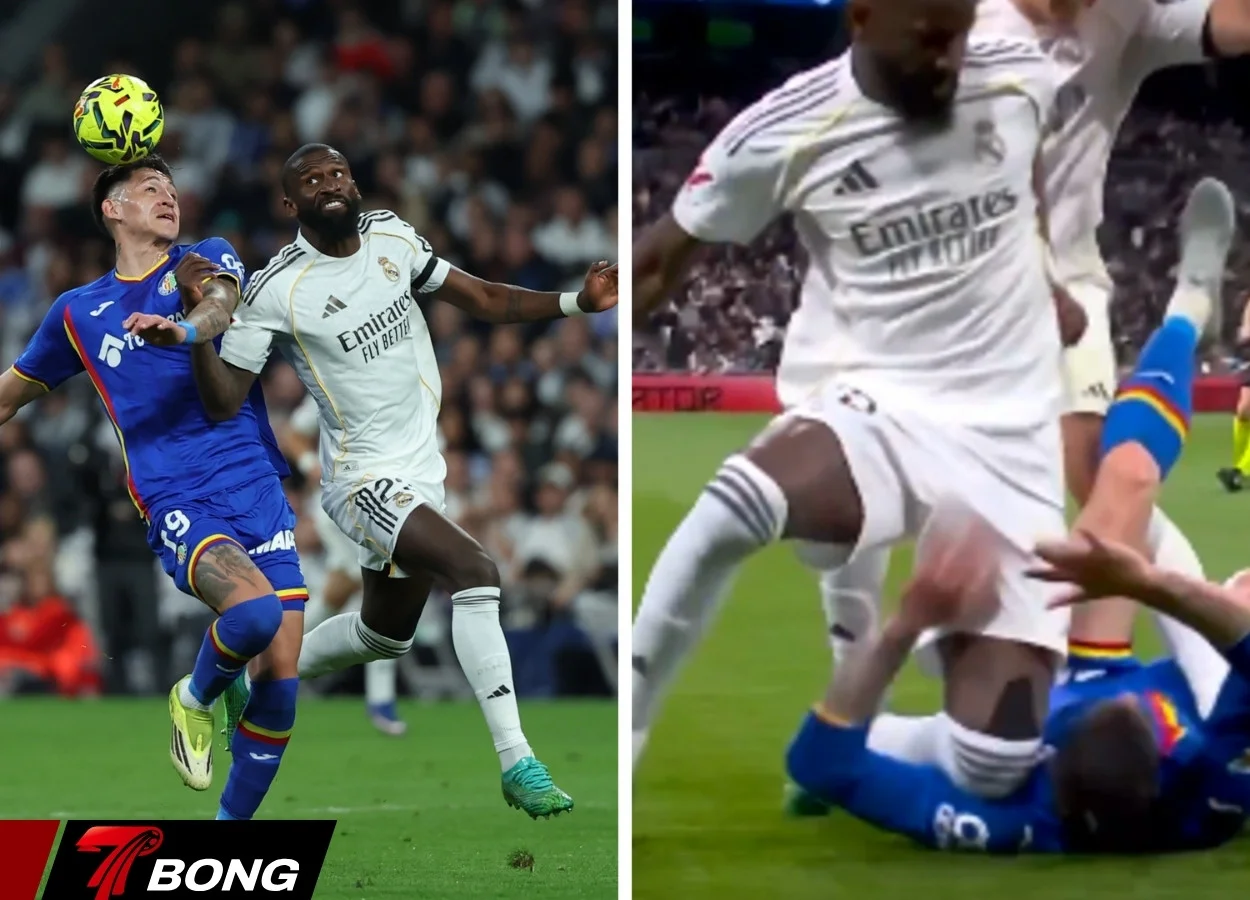 Rudiger dùng đầu gối đè lên vai đối thủ