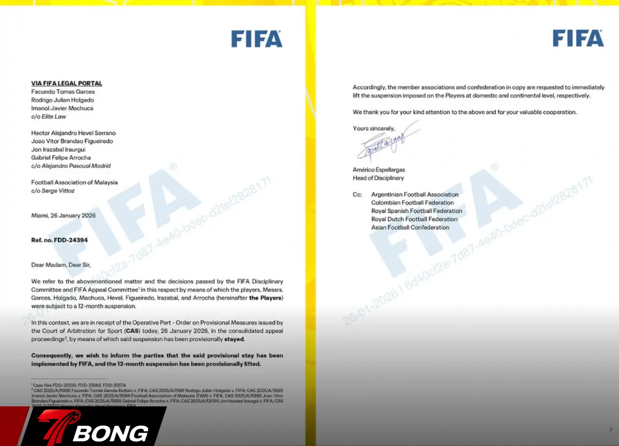 FAM thông báo CAS tạm đình chỉ lệnh cấm FIFA